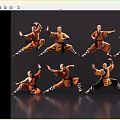 Men In Orange Robes Performing Various Martial Arts Poses With Reflections On Gray Background