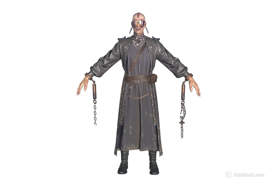 Game Movie Character With Bald Head Long Dark Robe Belt Chains And Standing Pose 3d model 