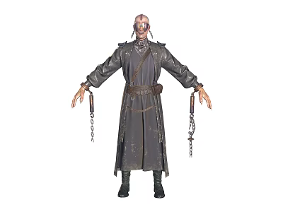 Game Movie Character With Bald Head Long Dark Robe Belt Chains And Standing Pose 3d model