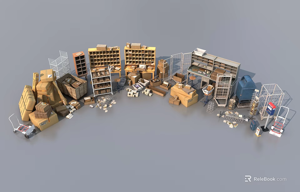 Public Facilities Storage Space With Various Shelves Boxes Metal Frames And Units 3d model