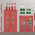 Red Fire Equipment Cabinets With Extinguishers Alarms And Emergency Exit Lights