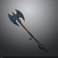 Mythical Fantasy Battle Axe With Blue Silver Decorative Design And Wooden Handle