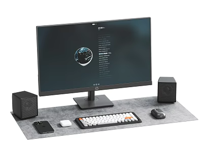 Modern Desktop Computer Setup With Monitor Speakers Keyboard Mouse Phone And Mouse Pad 3d model