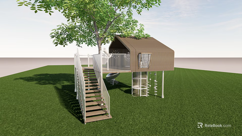 Outdoor Treehouse Structure With Large Tree Green Lawn White Railing And Spiral Slide 3d model 