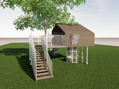 Outdoor Treehouse Structure With Large Tree Green Lawn White Railing And Spiral Slide 3d model