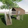 Outdoor Treehouse Structure With Large Tree Green Lawn White Railing And Spiral Slide