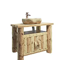 Rustic Log Style Wooden Bathroom Vanity With Two Stone Washbasins And Faucets
