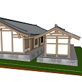 Traditional Chinese Ancient Architecture With Black Tiled Roof Wooden Columns White Walls And Green Grass