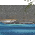 Modern Outdoor Sculpture by Water Pool with Stone Wall and Umbrella like Structures