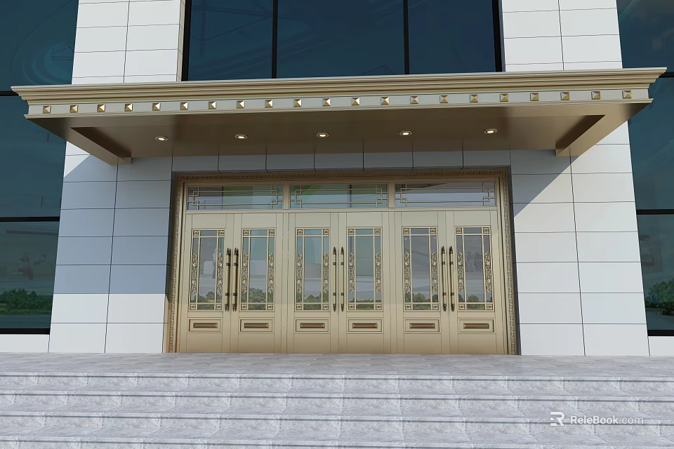 Golden Glass Panel Main Entrance Door With White Tile Wall And Canopy Lights 3d model 