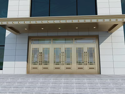 Golden Glass Panel Main Entrance Door With White Tile Wall And Canopy Lights 3d model