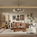 Elegant Classic Living Room Interior With Wooden Screen Chandelier Sofa Coffee Table And Decorative Paintings