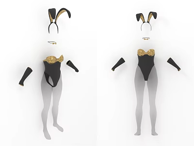 Black Bunny Costume Set With Bodysuit Ears Gloves And Gold Accents 3d model