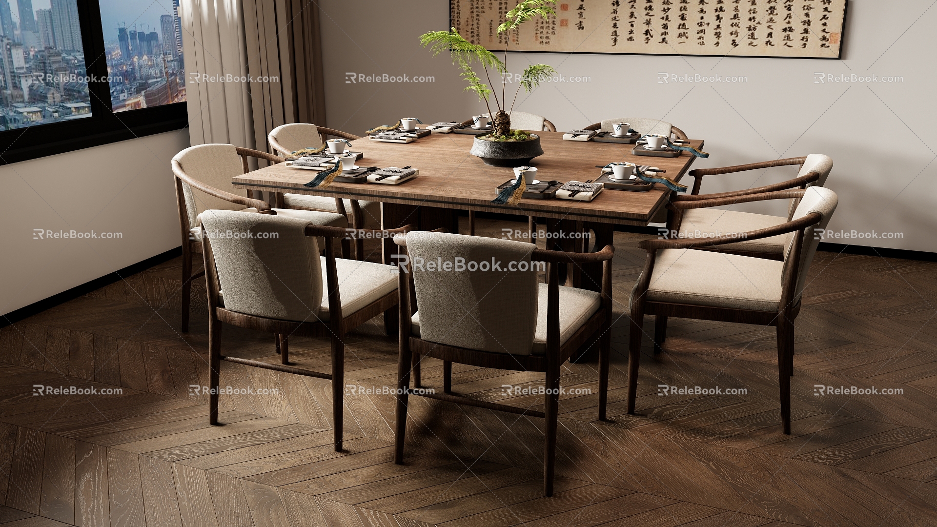 New Chinese Dining Table and Chair Combination Long Table Green Plant Ornaments 3d model