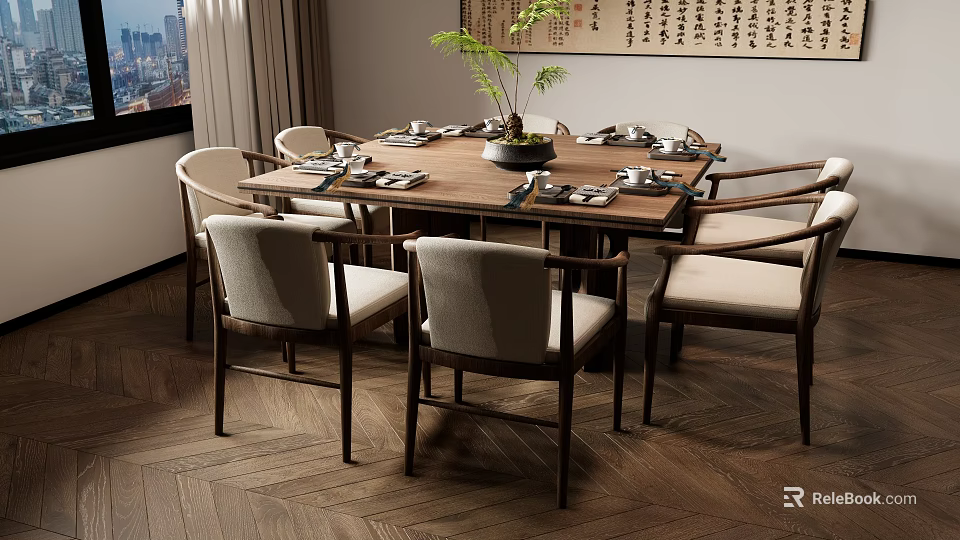 Traditional Chinese Dining Table Set With Beige Cushioned Chairs Potted Plant And Calligraphy Artwork 3d model 