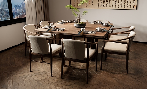 New Chinese Dining Table and Chair Combination Long Table Green Plant Ornaments 3d model