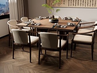 New Chinese Dining Table and Chair Combination Long Table Green Plant Ornaments 3d model