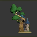 Treehouse Structure With Green Leafy Canopy Blue Pointed Roofs And Tree Trunk Base