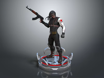 Action Character Holding Rifle With Long Hair Black Outfit Red Cross Arm On Circular Base 3d model