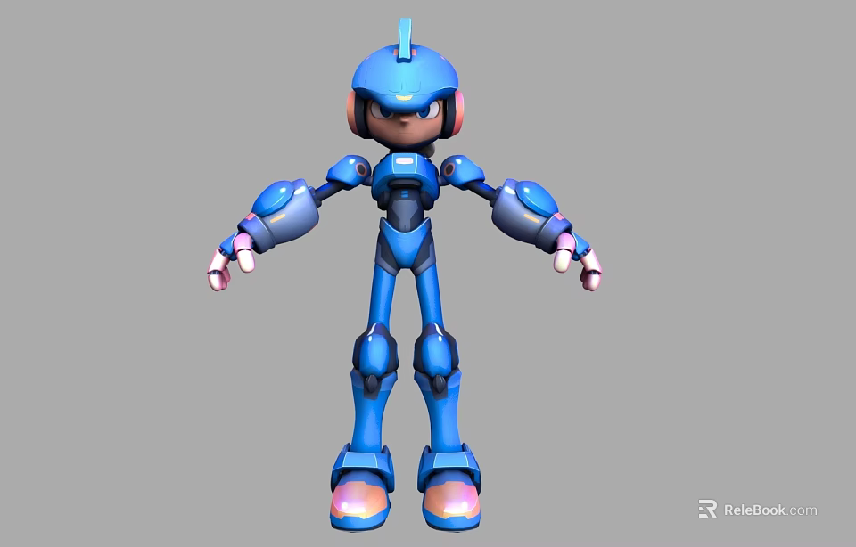 Futuristic Blue Robot Game and Movie Character With Antenna Head and Glowing Feet 3d model 
