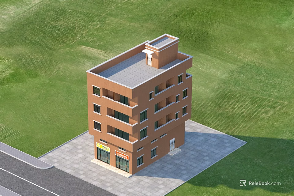 Red Brick Multi Storey Detached Villa With Windows Ground Floor Entrance And Green Lawn 3d model 