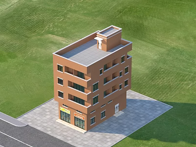 Red Brick Multi Storey Detached Villa With Windows Ground Floor Entrance And Green Lawn 3d model
