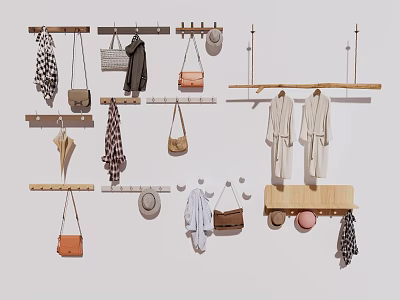 Wall Mounted Wooden Clothes Racks With Hanging Clothes Bags Hats And Accessories 3d model