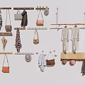 Wall Mounted Wooden Clothes Racks With Hanging Clothes Bags Hats And Accessories