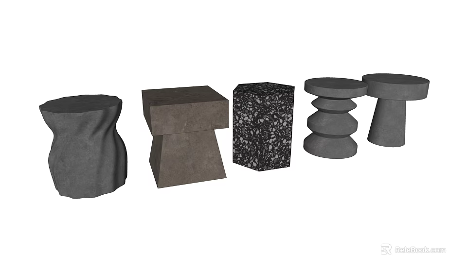 Modern Gray Side Tables With Various Geometric Designs And Textured Surfaces 3d model