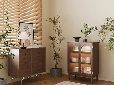 Cozy Room Interior With Wooden Blinds Dresser Glass Cabinet Plants Lamp Framed Picture And Wooden Floor 3d model