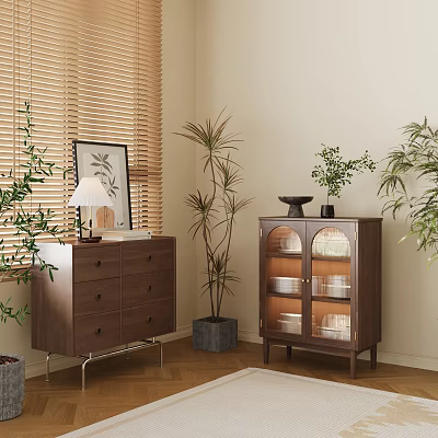 Cozy Room Interior With Wooden Blinds Dresser Glass Cabinet Plants Lamp Framed Picture And Wooden Floor 3d model