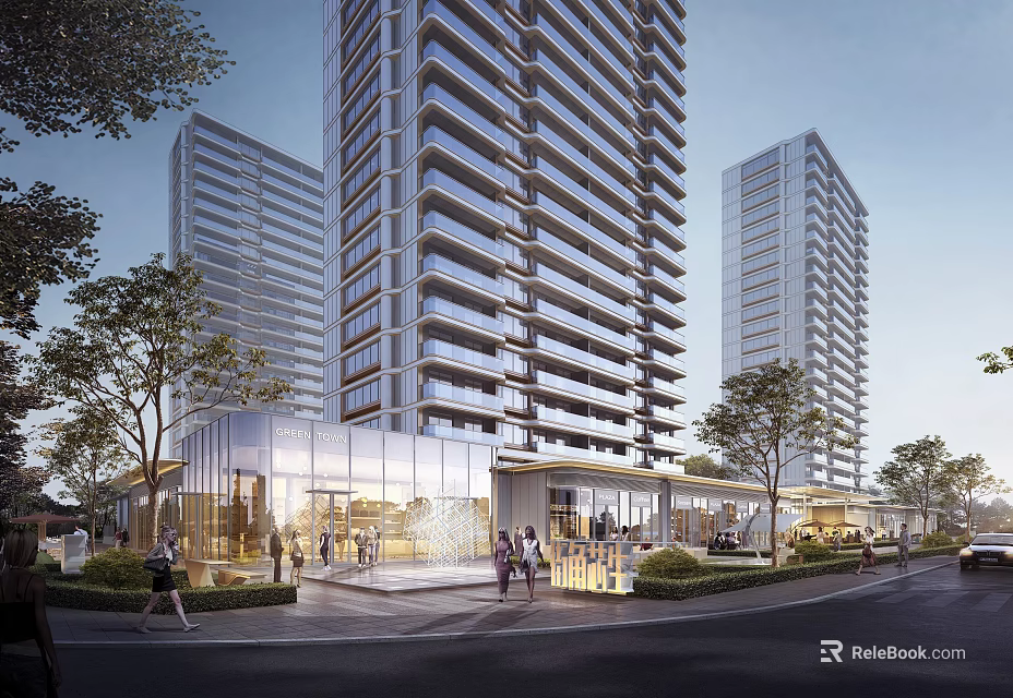 Modern High Rise Residential Building With Glass Facade Greenery And Pedestrians 3d model 
