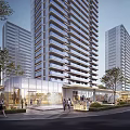 Modern High Rise Residential Building With Glass Facade Greenery And Pedestrians
