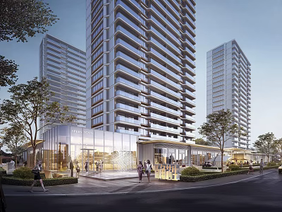 Modern High Rise Residential Building With Glass Facade Greenery And Pedestrians 3d model