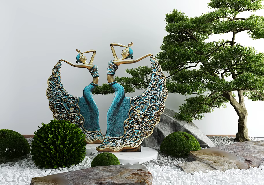 Courtyard Garden Design With Blue Female Sculptures Pine Tree Bushes And White Pebbles 3d model 