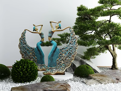 Courtyard Garden Design With Blue Female Sculptures Pine Tree Bushes And White Pebbles 3d model