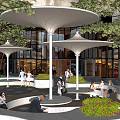 Vibrant Plaza Landscape Featuring White Canopies Seating Areas Green Trees And Pedestrians
