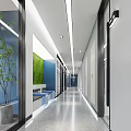 Modern Office Corridor with White Walls Blue Accent Wall Green Plants and Ceiling Lighting
