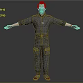 3D Character Model With Red Hair Blue Jumpsuit Arms Outstretched Gray Background