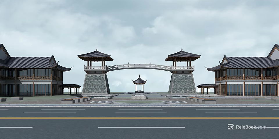 Traditional Chinese Entrance Gate With Twin Pavilions Arch Bridge And Stone Platform Design 3d model 