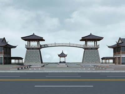 Traditional Chinese Entrance Gate With Twin Pavilions Arch Bridge And Stone Platform Design 3d model