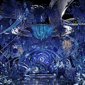 Luxurious Restaurant Interior With Blue Lighting Crystal Decor Circular Chandeliers Elephant Sculptures And Tiered Stage