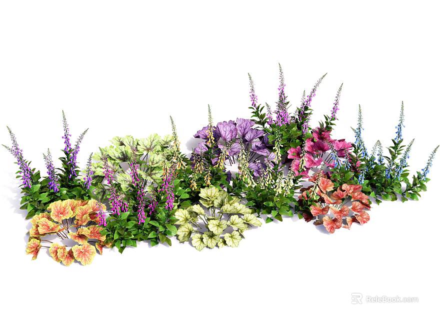 Vibrant Mixed Garden Flowers And Green Foliage With Purple Pink Yellow Orange Blooms 3d model 