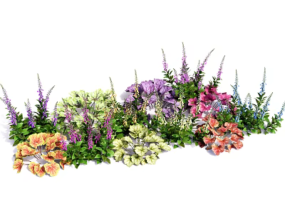 Vibrant Mixed Garden Flowers And Green Foliage With Purple Pink Yellow Orange Blooms 3d model