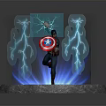 Game Movie Superhero Character Holding Captain America Shield With Electric Lightning Effects On Stone Pedestal