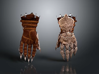 Ornate Armored Gloves With Leather Metal Spikes And Intricate Decorative Patterns 3d model