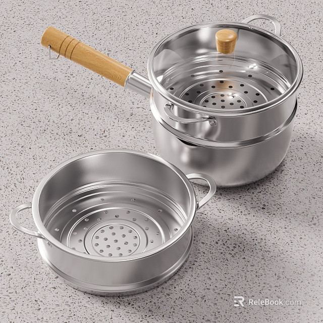 Stainless Steel Steamer Set With Two Tier Baskets And Wooden Handle For Home Kitchen 3d model 