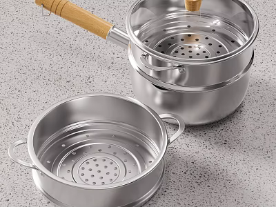 Stainless Steel Steamer Set With Two Tier Baskets And Wooden Handle For Home Kitchen 3d model