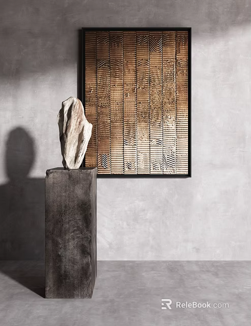 Modern Decorative Ornament Set With Stone Sculpture Pedestal And Textured Panel On Gray Wall 3d model 
