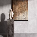 Modern Decorative Ornament Set With Stone Sculpture Pedestal And Textured Panel On Gray Wall